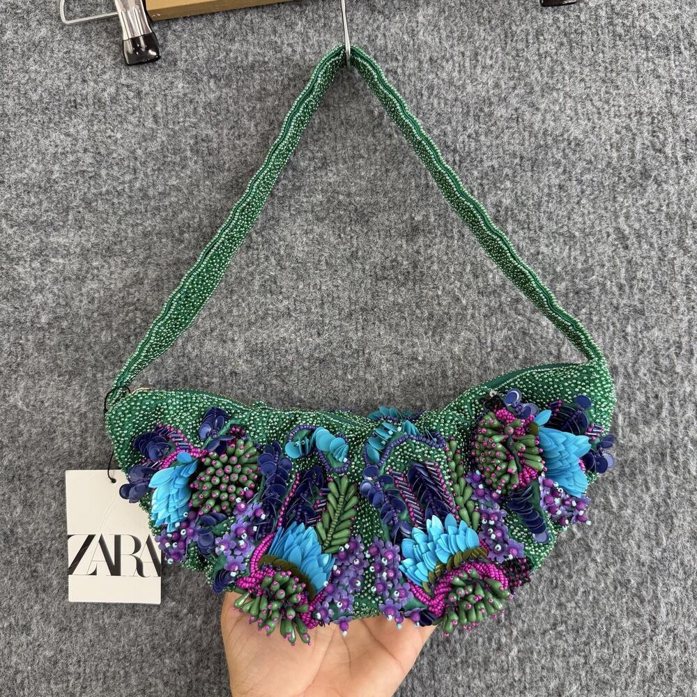 Zara Beaded Floral Shoulder Bag Green Embellished Party Cocktail Purse Artsy - Picture 4 of 12